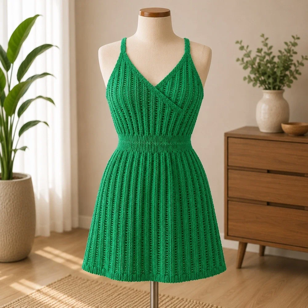 NWT Cupshe Crochet Cover Up Dress Womens L Green V-Neck Sleeveless CAA07B3C025RR